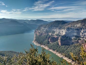 High angle view of lake against mountains