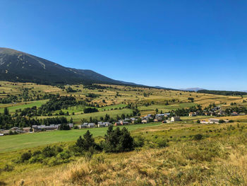 Scenic view of field against clear blue sky