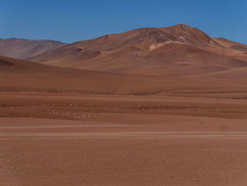 Scenic view of landscape and mountains against clear sky