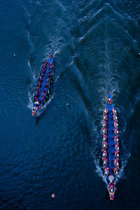 High angle view of people in boat