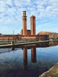 Reflection of factory in lake against sky