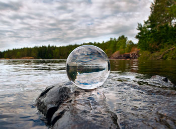 Reflection of trees in acrylic crystal ball in water by lake