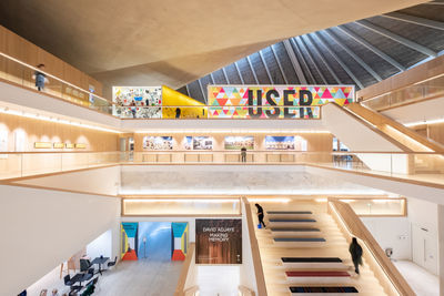 High angle view of illuminated staircase in building