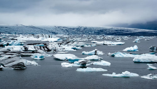 Aerial view of frozen lake against sky