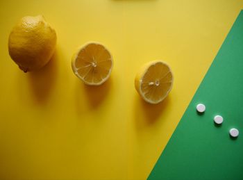 High angle view of lemon slice on table