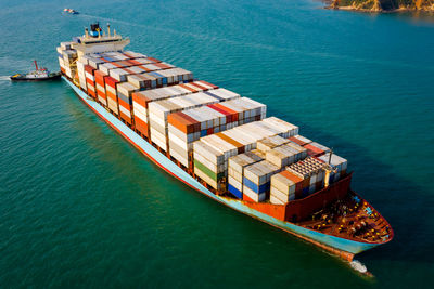 High angle view of commercial dock by sea