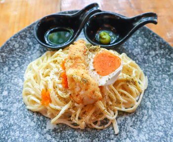 High angle view of meal served on table