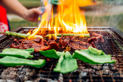 Vegetable with meat cooking on barbecue grill