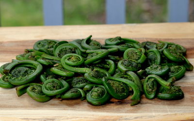 High angle view of fiddleheads on table at home