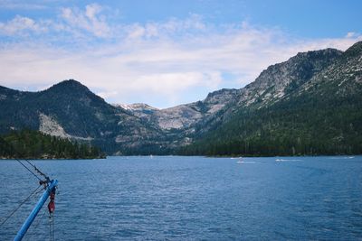 Scenic view of lake by mountains against sky