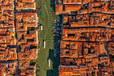 Aerial view of venice, san polo, italy. amazing city view from above on building roofs and canals