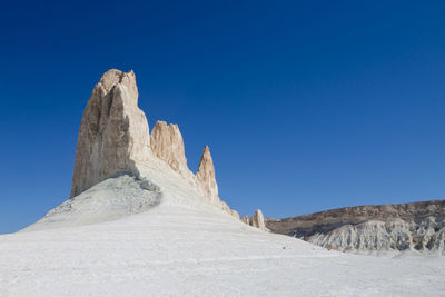 Low angle view of mountain against clear blue sky