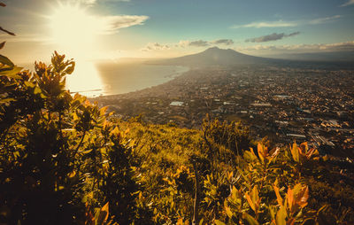 Scenic view of mountains against sky during sunset