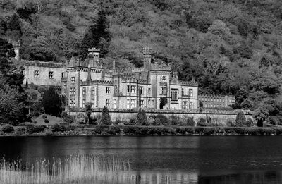 Building by lake against trees