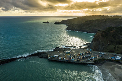 Aerial drone shot of harbor and marina in port orford at the southern oregon coast