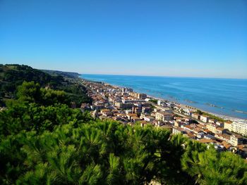 Scenic view of sea against clear blue sky