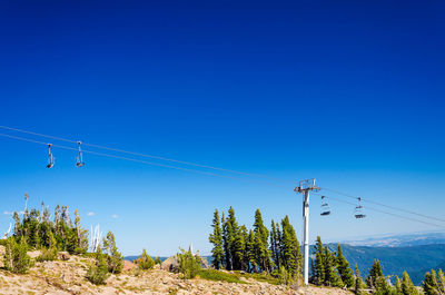 Low angle view of ski lift against clear blue sky