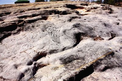 High angle view of text on rock