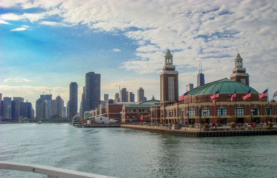 View of buildings at waterfront against cloudy sky