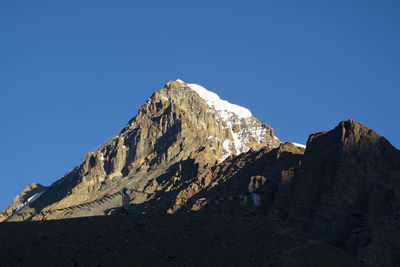 Scenic view of rocky mountains against clear blue sky