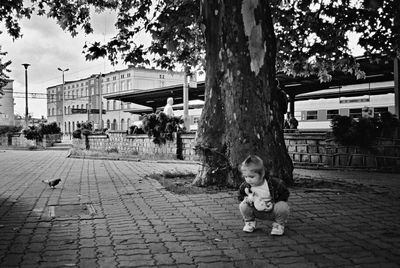 Full length of boy sitting on tree trunk in city