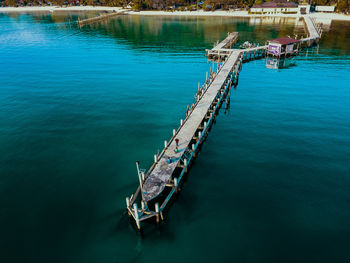 High angle view of ship moored at harbor