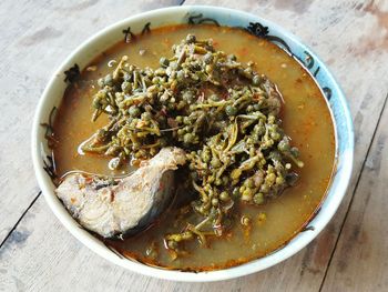 High angle view of soup in bowl on table