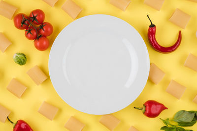 High angle view of fruits in plate on table