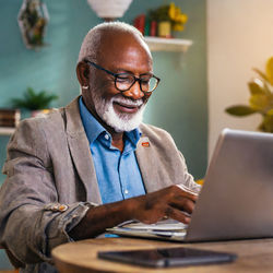 Portrait of grandpa working on a laptop