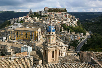 High angle view of buildings in city