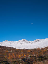 Scenic view of snowcapped mountains against clear blue sky