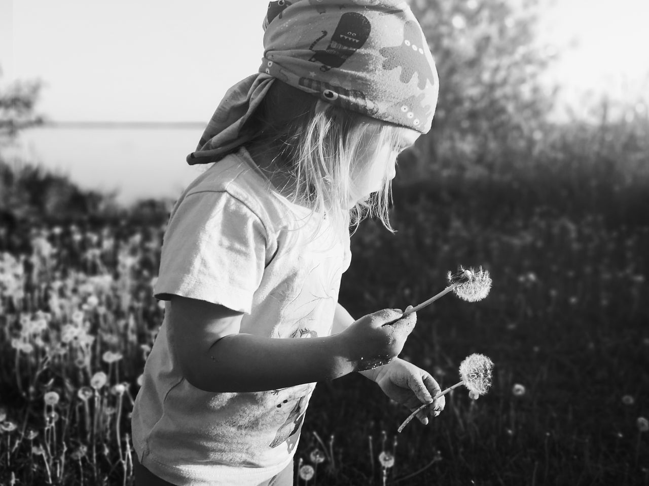 plant, nature, black and white, one person, sky, childhood, black, child, women, field, monochrome photography, white, monochrome, female, land, hat, grass, adult, day, side view, holding, person, casual clothing, leisure activity, spring, outdoors, three quarter length, flower, waist up, growth, clothing, sunlight, summer, flowering plant, rural scene, focus on foreground, fashion accessory, lifestyles, landscape, standing, activity, looking, beauty in nature, agriculture, sun hat, portrait photography
