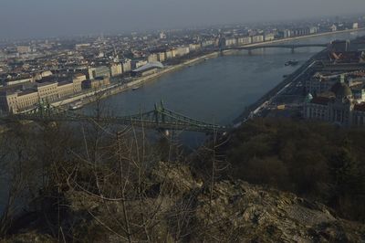 High angle view of bridge in city against sky