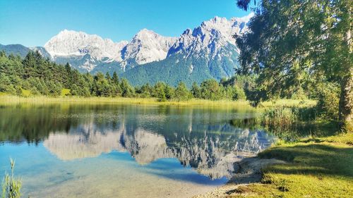 Scenic view of lake and mountains against sky