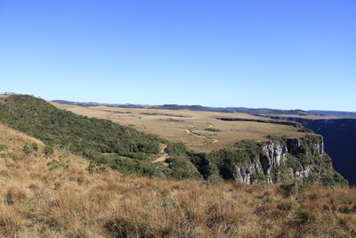 Scenic view of landscape against clear blue sky