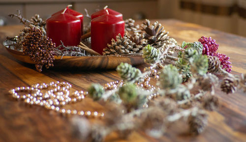 Close-up of christmas decorations on table