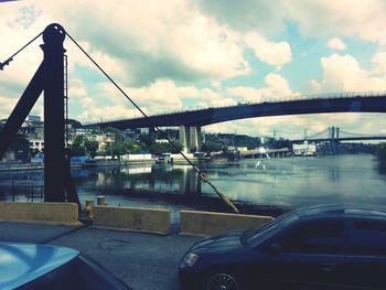 Bridge over river with cityscape in background