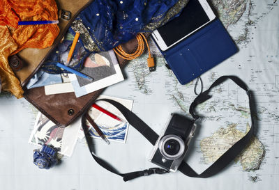 High angle view of objects on table