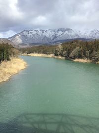 Scenic view of lake by snowcapped mountains against sky