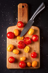 High angle view of chopped fruits on table