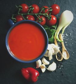 High angle view of tomatoes in bowl on table