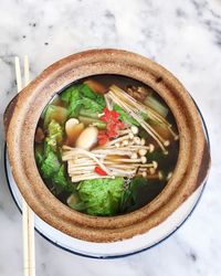 High angle view of soup in bowl on table