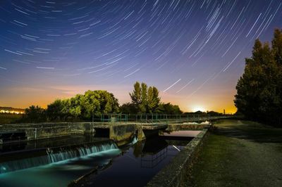 Reflection of trees in water at night