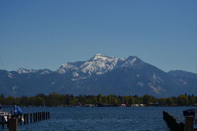 Scenic view of lake by mountains against clear sky