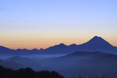 Scenic view of silhouette mountains against clear sky