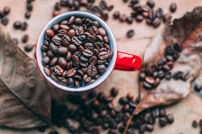 High angle view of coffee beans on table