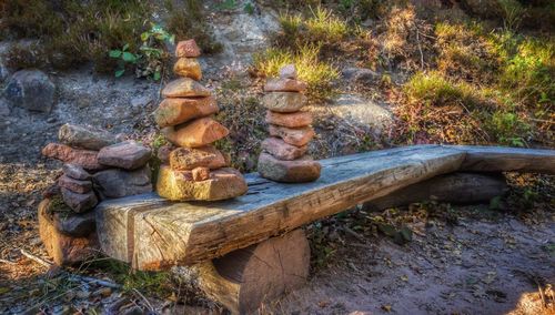 Close-up of stack of stones in park