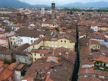 High angle view of residential buildings in city