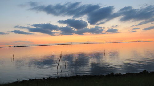 Scenic view of lake against cloudy sky