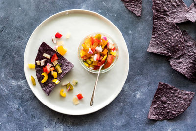 High angle view of food in plate on table